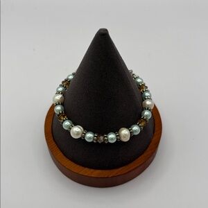 Handmade Teal/White/Amber Color 8” Toggle Bead Bracelet